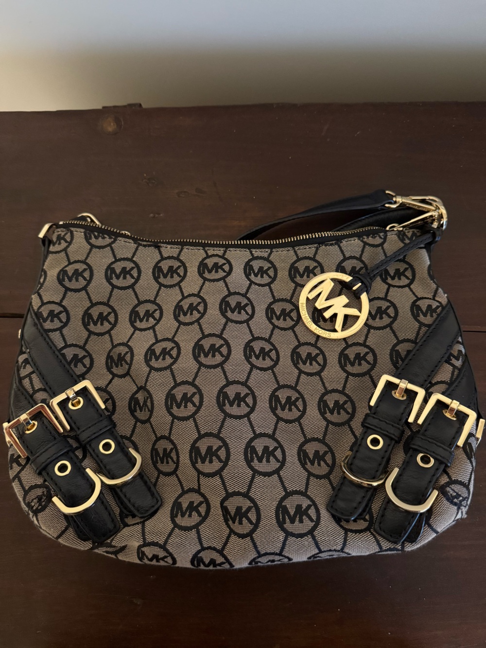 Michael Kors Brown Logo-Print Shoulder Bag with Gold Hardware